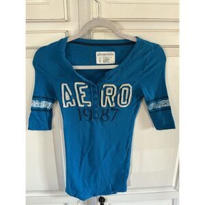 Aeropostale Blue Ribbed Henley Sz M Top 3/4 Sleeve Y2K